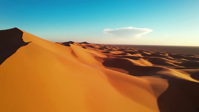 Vast expanse of orange sand dunes under a bright blue sky with a single white cloud in the desert landscape