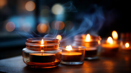 Candles in fiery arrangement with warm orange glow mystical foggy atmosphere spiritual ritual display meditation ambiance ceremonial lighting ethereal scene defocused