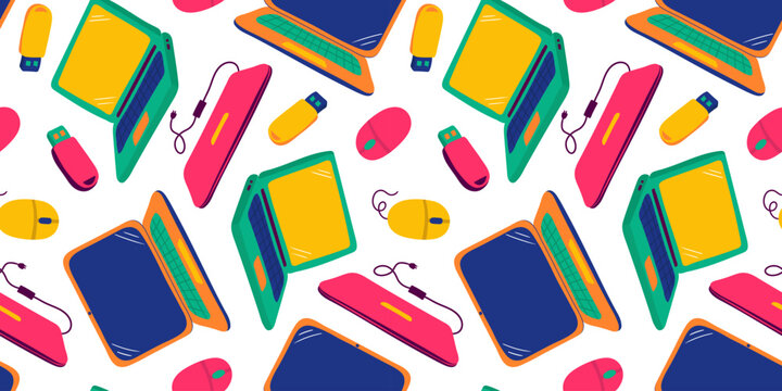 seamless pattern with colorful laptops computer mice and usb flash drives on white background bright tech illustration