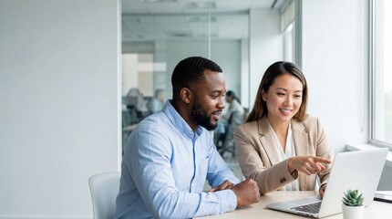 Smiling Asian businesswoman pointing at laptop screen collaborating with Black male colleague at desk in bright modern corporate office window