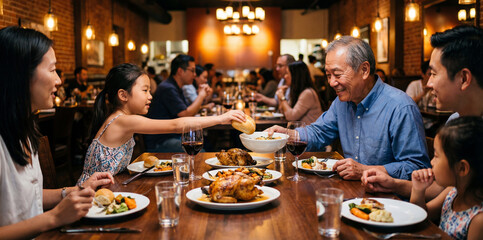Happy multi-generational Asian family enjoying delicious dinner at warm restaurant with grandfather smiling and granddaughter passing bread roll