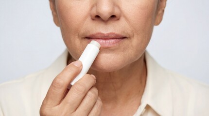 Closeup view of mature Hispanic woman applying moisturizing lip balm to mouth for hydration and daily skincare routine against white background