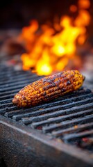 Corn grilling with flames on barbecue