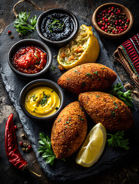 delicious lebanese arabic food kibbeh kibe with sauces and lemon on black slate stone and granite background with traditional keffyeh no logos no brands ar 34