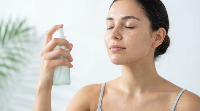 Young Hispanic woman spraying hydrating facial mist on her face with closed eyes enjoying refreshing skincare routine holding bottle in bright studio