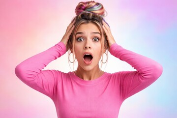 Stylish woman with rainbow hair bun and open mouth holds her head in disbelief before a soft gradient backdrop, perfect for memes, breaking news, and bold promotions.