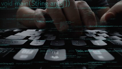 Close-up view of hands actively typing on a keyboard surrounded by glowing code snippets, showcasing the essence of programming and technology in a modern workspace. Xenic