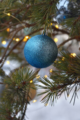Aqua-blue glitter ball christmas tree decoration hanging on pine tree branch .Winter holiday decorations , ornament , greeting concept.