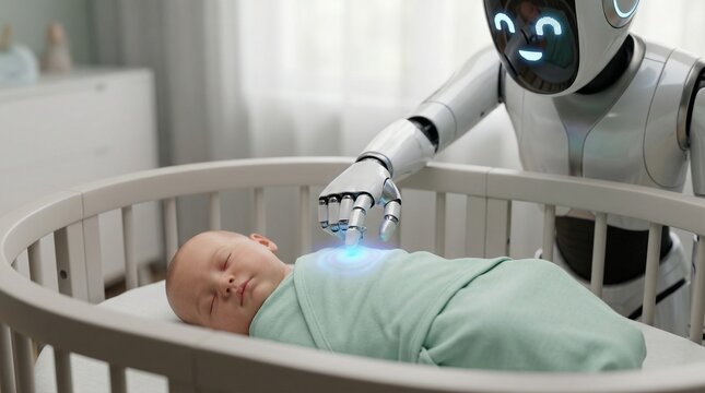 Futuristic robot babysitter gently scanning a sleeping newborn baby swaddled in a soft blanket inside a modern white crib.