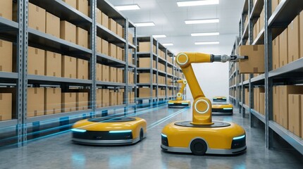 Autonomous robots with robotic arms working in a modern warehouse, retrieving packages from shelves for automated logistics.