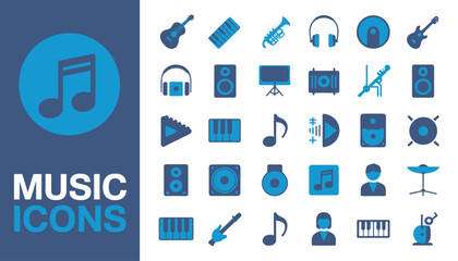 Blue music icon set with clean vector symbols for web, media, and digital communication