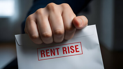 Notice of rent increase concept. A hand gripping an envelope labeled "RENT RISE," highlighting concerns about increasing rent prices.