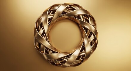 Abstract three dimensional rendering of an intricate interwoven golden circular sculpture set against a rich smooth monochromatic background