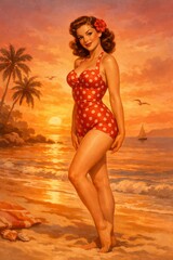 Classic pinup woman in a red dotted suit poses on a tranquil shoreline at sunset, with palms, waves, and sailboat creating dreamy retro charm for summer design themes.