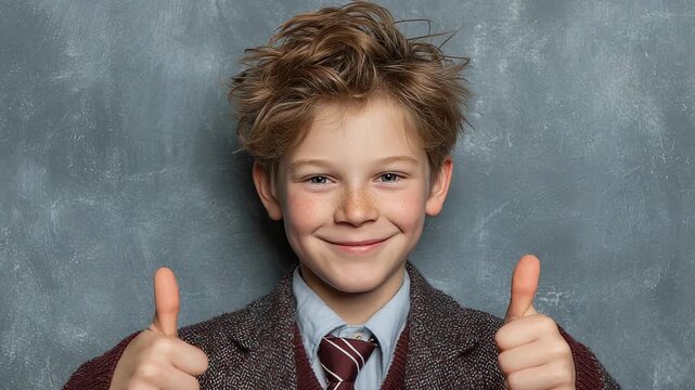 Smiling young boy in school uniform gives thumbs up, portrait showcasing positivity and academic success.
