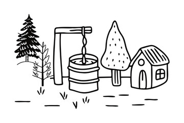 Landscape with village houses line drawing. Continuous line drawing. Landscape with village on hill. Vector illustration.