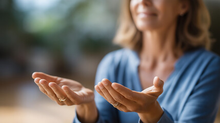 Faceless holistic teacher holding woman's hands spiritual practice meditation energy healing experience body health retreat wellness training peaceful support feeling connect