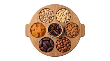 A wooden serving tray with seven compartments filled with various nuts and dried fruits isolated on transparent background