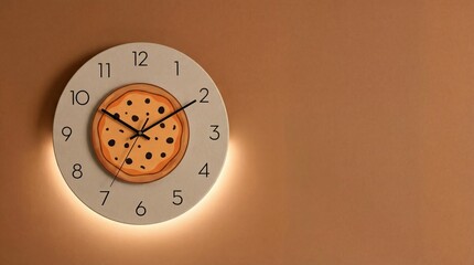 A modern wall clock with a unique design on its face mounted on a brown wall with soft lighting around it