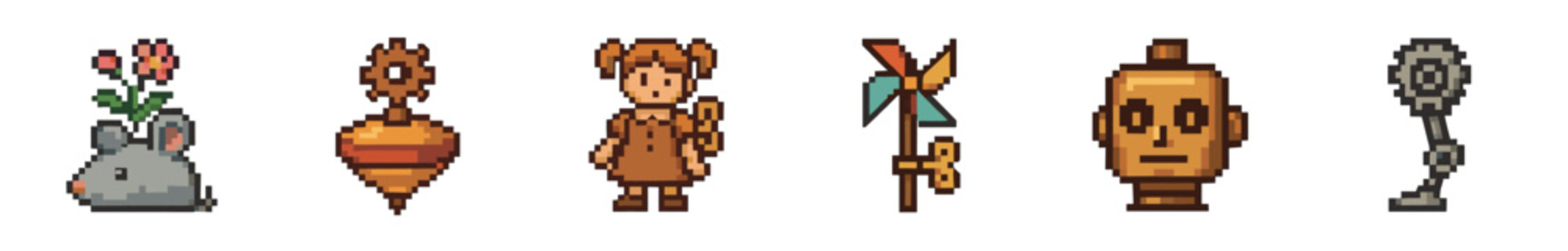 Set of six pixel art sprites for a video game, including a mouse with a flower, a steampunk top, a girl with a key, a pinwheel, a robot head, and a mechanical leg