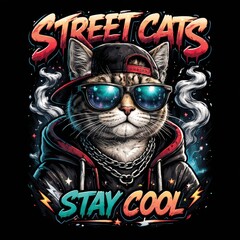 Vivid illustration of a relaxed cat in chains and sunglasses reflecting a sunset palm beach, perfect for summer apparel, surf branding, and tropical lifestyle marketing.