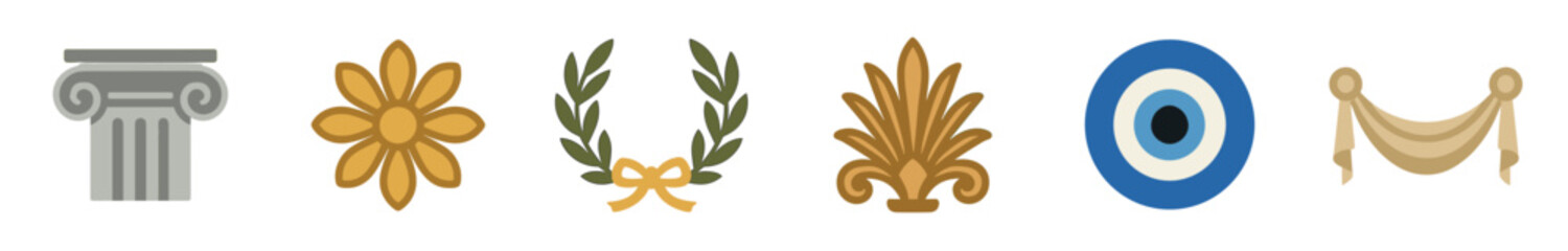 Collection of classical antiquity vector icons featuring an Ionic column, laurel wreath, Nazar amulet, palmette, rosette, and swag presented in a simple flat design