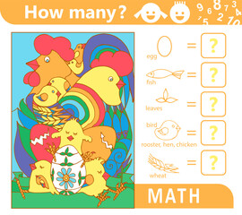 Rooster, hen, chicks with Easter eggs. Counting math game for kids. Educational mathematics puzzle. Count how many objects are in the picture and write the result. Sketch vector illustration