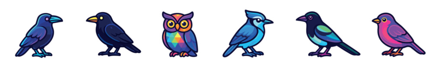 Obraz premium Set of six vibrant bird illustrations including a raven, owl, and blue jay, designed in a modern cartoon sticker style with bold outlines and iridescent colors