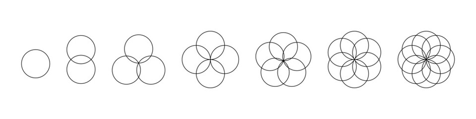Intersecting circles set. Circle Venn diagram with four, five and six parts. Infographic chart line icon. 2,3,4 overlap balance elements diagram. Vector illustration isolated on white background.
