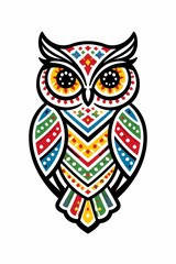 Cheerful folk art inspired owl illustration featuring bold chevron patterns and primary colors on a clean white background, ideal for kids? products, stationery, and branding.