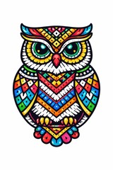 Eye-catching ornamental owl rendered in mosaic-like colorful shapes and bold outlines on white, ideal for posters, apparel prints, branding, and bohemian themed decor designs.