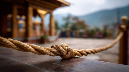 Sacred rope marking spiritual space entrance traditional shrine boundary religious ceremony element cultural practice spiritual protection symbol peaceful setting defocused