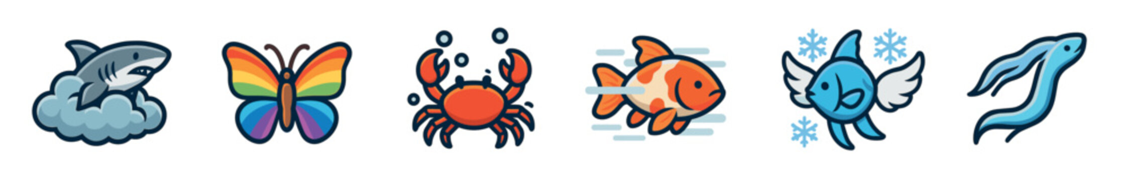 Set of six cute cartoon animal icons featuring a shark, rainbow butterfly, crab, goldfish, flying ice fish, and an eel in a vibrant, modern sticker style