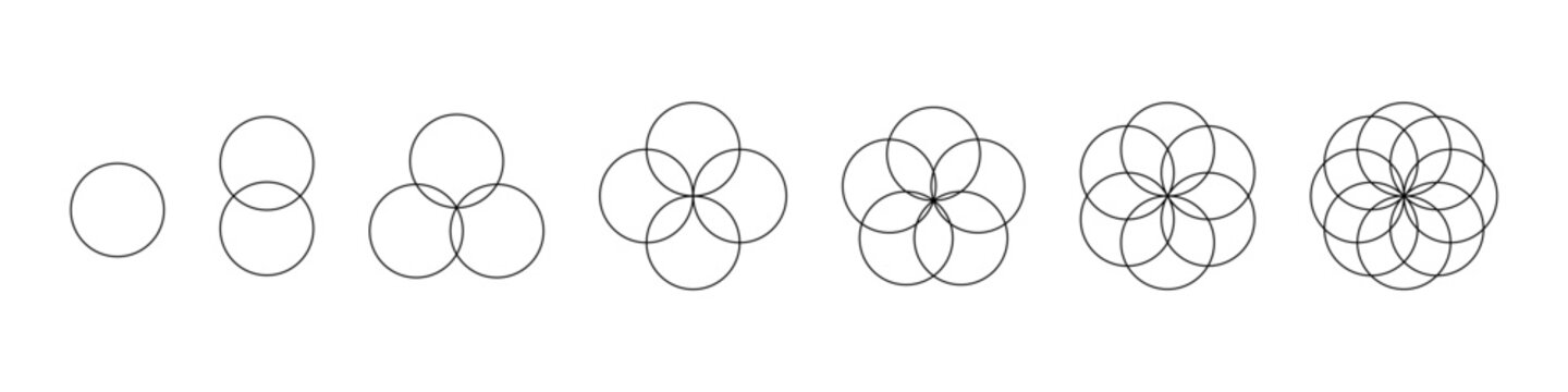 Intersecting circles set. Circle Venn diagram with four, five and six parts. Infographic chart line icon. 2,3,4 overlap balance elements diagram. Vector illustration isolated on white background.