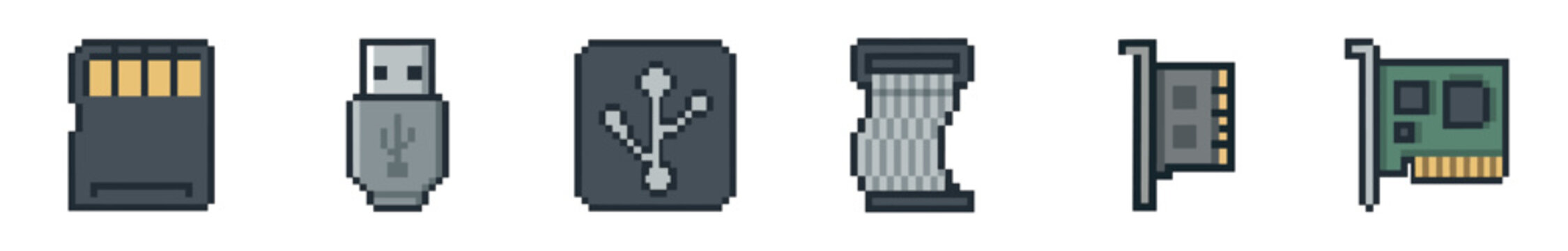 Set of pixel art computer hardware icons including a memory card, USB flash drive, port symbol, ribbon cable, and expansion cards in a retro 8-bit gaming style