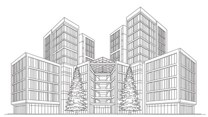 Architectural sketch of a modern multi-story office building complex isolated on white background