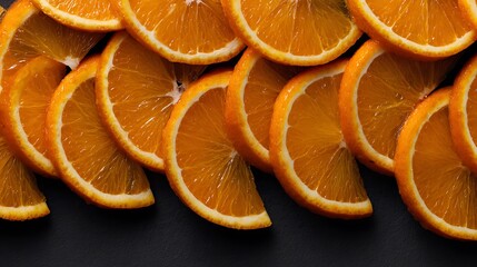 Close-up of sliced oranges arranged to fill the frame, showcasing juicy segments