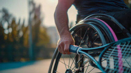 Naklejka premium A wheelchair tennis player holds a racket on an outdoor court, the concept of adaptive sports, strength and competitive spirit development