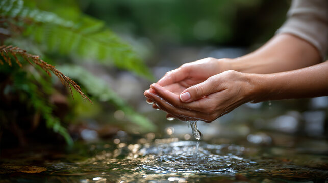 Faceless hands touching sacred spring water holy site pilgrimage spiritual purification ritual natural healing source wellness journey meditation practice tranquil moment