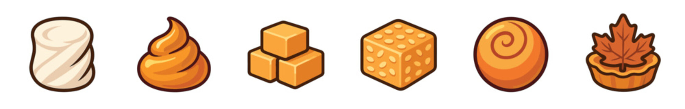 Set of sweet autumn dessert icons including marshmallow, caramel swirl, fudge cubes, and a maple leaf tart in a charming cartoon vector illustration style for seasonal design