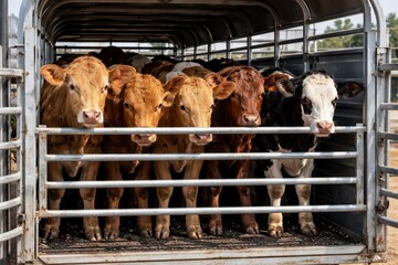 Group of curious calves packed in a metal livestock trailer on a sunny day, useful for agriculture concepts, animal welfare topics, farming publications, and rural education.