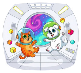 Cartoon cat and dog playing in space with colorful background  