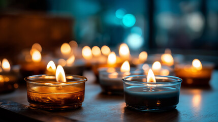 Multiple burning candles in sacred space soft flickering flames melting wax spiritual ceremony atmosphere religious ritual setting meditation practice warm illumination