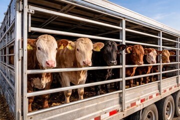 Mixed beef cattle stand closely together inside an open-sided metal trailer under warm evening light, ideal for illustrating livestock transport, agribusiness, and rural supply chains.