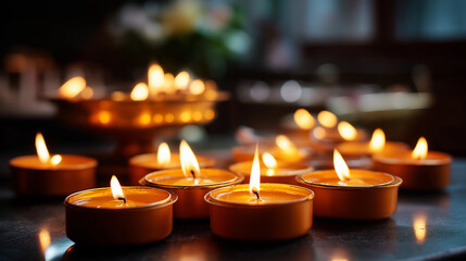 Multiple burning candles in sacred space soft flickering flames melting wax spiritual ceremony atmosphere religious ritual setting meditation practice warm illumination