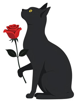 Black cat holding red rose in a minimalist illustration style  