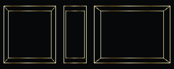 Set of golden thin frames. Gold geometric borders in art deco style. Thin linear square and rectangle collection. Yellow glowing shiny boarder element pack. Vector bundle for photo modern.