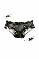 Polished fashion illustration of satin black panties with delicate gold piping and a small bow, radiating elegance and confidence, ideal for luxury lingerie campaigns or packaging design.