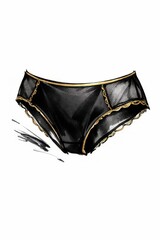 Expressive fashion sketch of black sheer lace briefs highlighted with shimmering gold trim, conveying luxury and seduction, ideal for lingerie branding, packaging, or editorial layouts.