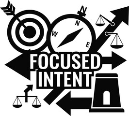 Focused Intent Target Bullseye Arrow Vector Black Hand Drawn Typography Logo Emblem Badge Icon Silhouette Vintage Retro Graphic Success Goal Strategy